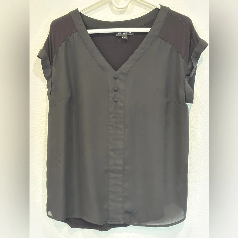 FORTUNE + IVY Women’s Black Helina Mixed Material Blouse - Size L - Picture 5 of 10